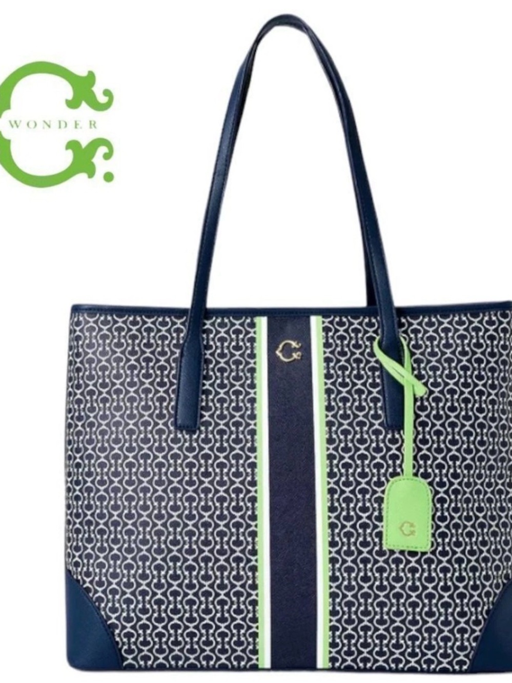 C. Wonder Navy and Lime Logo-Pattern Tote